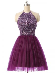 Mini Length Dark Purple Prom Dresses Tulle Sleeveless Beading and Sequins