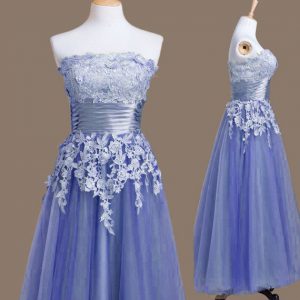 Customized Strapless Sleeveless Wedding Party Dress Tea Length Appliques Lavender Tulle