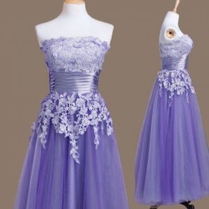 Dramatic Lavender Strapless Lace Up Appliques Bridesmaid Dresses Sleeveless