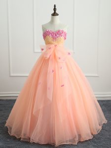 Organza Sweetheart Sleeveless Lace Up Beading and Appliques and Bowknot 15th Birthday Dress in Peach