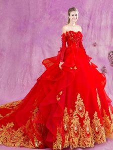 Lace Up Quinceanera Dress Red for Military Ball and Sweet 16 and Quinceanera with Appliques and Ruffles Court Train