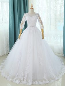 White Half Sleeves Tulle Court Train Zipper Wedding Gown for Beach and Wedding Party
