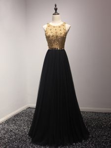 Empire Evening Dress Black Scoop Tulle Sleeveless Floor Length Lace Up