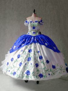 Comfortable Blue And White Off The Shoulder Lace Up Embroidery and Ruffles Sweet 16 Dress Cap Sleeves