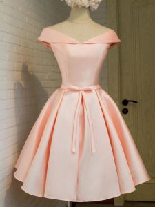 Inexpensive Off The Shoulder Cap Sleeves Bridesmaid Dresses Knee Length Belt Peach Taffeta