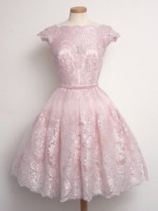 Glamorous Cap Sleeves Knee Length Lace Lace Up Quinceanera Court Dresses with Baby Pink