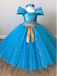 Excellent Tulle Cap Sleeves Floor Length Girls Pageant Dresses and Sequins and Belt