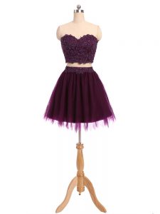 Pretty Sleeveless Mini Length Beading and Appliques Zipper Cocktail Dresses with Dark Purple