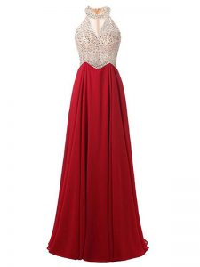Hot Sale Wine Red Chiffon Zipper Dress for Prom Sleeveless Floor Length Beading