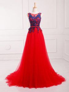 Sleeveless Lace and Appliques Lace Up Oscars Dresses with Red Brush Train