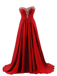 Attractive Red Empire Sweetheart Sleeveless Elastic Woven Satin Brush Train Lace Up Beading