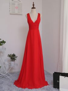 Red Bridesmaid Gown Prom and Party and Wedding Party with Ruching V-neck Sleeveless Zipper