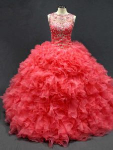 Charming Beading and Ruffles Ball Gown Prom Dress Coral Red Lace Up Sleeveless Floor Length
