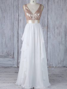 White Empire V-neck Sleeveless Chiffon Floor Length Backless Ruffles and Sequins Wedding Guest Dresses