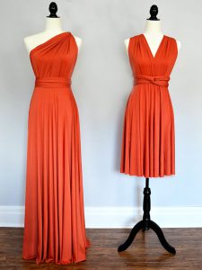 Orange Red Chiffon Lace Up One Shoulder Sleeveless Floor Length Damas Dress Ruching