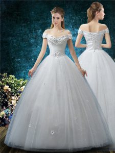 Dazzling White Tulle Lace Up Wedding Gowns Cap Sleeves Floor Length Beading and Appliques