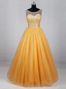 Gold Lace Up Prom Dress Beading and Sequins Sleeveless Floor Length