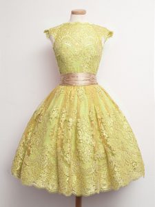 Fantastic Gold High-neck Neckline Belt Quinceanera Court of Honor Dress Cap Sleeves Lace Up