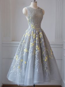 Grey Tulle Criss Cross Scoop Sleeveless Tea Length Quinceanera Court of Honor Dress Lace