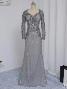 Luxury Grey Lace Zipper Sweetheart Long Sleeves Floor Length Mother of Groom Dress Beading and Lace