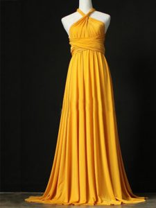 Orange Quinceanera Court Dresses Prom and Party and Wedding Party with Ruching Halter Top Sleeveless Sweep Train Criss Cross