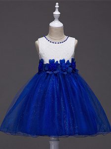 Royal Blue Scoop Neckline Lace and Hand Made Flower Juniors Party Dress Sleeveless Zipper