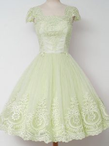 Yellow Green Tulle Zipper Quinceanera Court Dresses Cap Sleeves Knee Length Lace