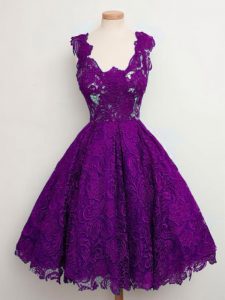 Superior Sleeveless Lace Knee Length Lace Up Quinceanera Court Dresses in Purple with Lace