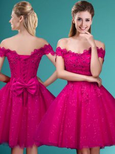 New Arrival Fuchsia Off The Shoulder Lace Up Lace and Belt Court Dresses for Sweet 16 Cap Sleeves