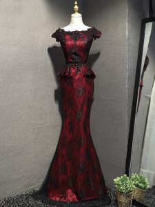 Suitable Red And Black Lace Up Mother of Groom Dress Lace and Appliques Sleeveless Floor Length
