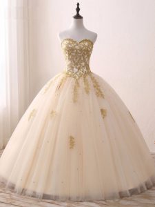Champagne Ball Gowns Sweetheart Sleeveless Tulle Floor Length Lace Up Beading and Lace and Appliques 15th Birthday Dress