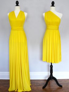 Exquisite Yellow Sleeveless Chiffon Lace Up Bridesmaid Dresses for Prom and Party and Wedding Party