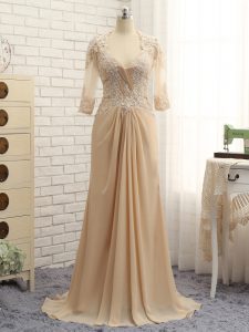 Classical Long Sleeves Beading and Lace and Appliques Zipper Mother of Bride Dresses with Champagne Brush Train