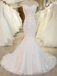 Spectacular Tulle Off The Shoulder Sleeveless Brush Train Zipper Beading and Appliques Wedding Dress in White