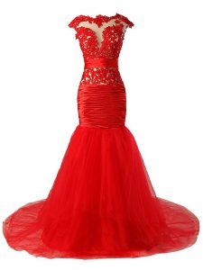 Amazing Scoop Cap Sleeves Tulle Evening Dress Lace and Appliques and Ruching Brush Train Zipper