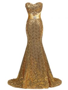 Traditional Gold Mermaid Sequined Sweetheart Sleeveless Sequins Lace Up Juniors Evening Dress Brush Train