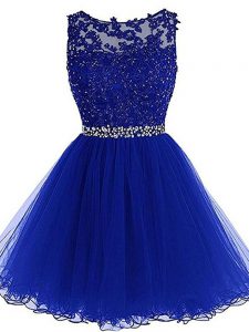 Beading and Lace and Appliques and Ruffles Prom Party Dress Royal Blue Zipper Sleeveless Mini Length