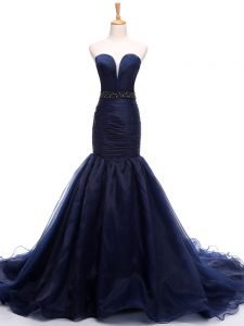 Best Selling Navy Blue Mermaid Tulle Sweetheart Sleeveless Beading and Ruching Lace Up Pageant Dress Wholesale Court Train