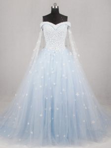 Modern Appliques Wedding Dresses Light Blue Lace Up Sleeveless Watteau Train