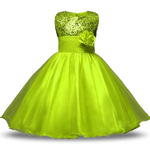 Sleeveless Knee Length Bowknot and Belt and Hand Made Flower Zipper Toddler Flower Girl Dress with Olive Green