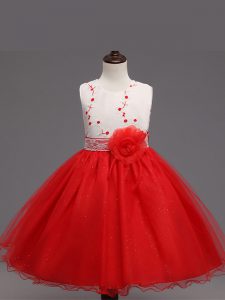 Perfect Knee Length Red Little Girl Pageant Dress Organza Sleeveless Appliques and Hand Made Flower