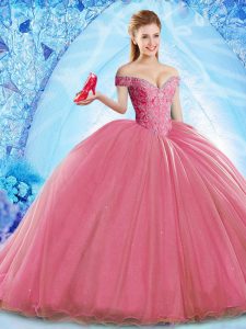 Deluxe Off The Shoulder Sleeveless Brush Train Lace Up Quinceanera Dresses Coral Red Organza
