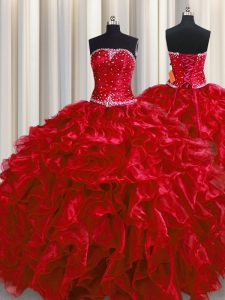Fantastic Wine Red Ball Gowns Organza Strapless Sleeveless Beading and Ruffles Floor Length Lace Up Quinceanera Dress