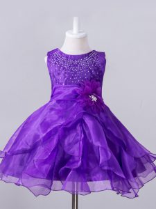 Beautiful Purple Ball Gowns Organza Scoop Sleeveless Beading and Hand Made Flower Knee Length Zipper Girls Pageant Dresses