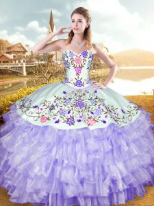 Fitting Lavender Sleeveless Embroidery and Ruffled Layers Floor Length Vestidos de Quinceanera