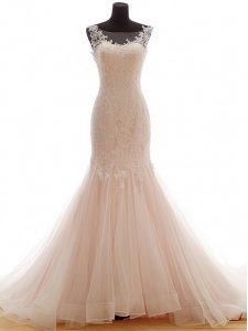Sleeveless Brush Train Lace Up Lace Wedding Dresses