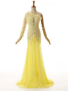Trendy Light Yellow One Shoulder Neckline Lace and Appliques Evening Outfits Sleeveless Side Zipper