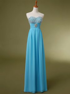 Discount Sleeveless Floor Length Beading and Ruching Lace Up Prom Dresses with Baby Blue