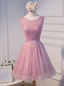 Noble Pink Scoop Neckline Beading and Belt Cocktail Dresses Sleeveless Lace Up