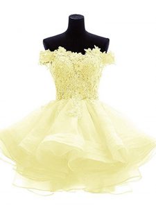 Classical Off The Shoulder Sleeveless Prom Dresses Mini Length Beading and Lace and Appliques and Ruffles Light Yellow Organza